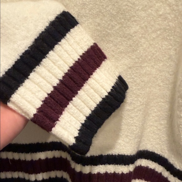 Madewell Cream Turtleneck Sweater with Black and Burgundy Stripes medium - Picture 4 of 6